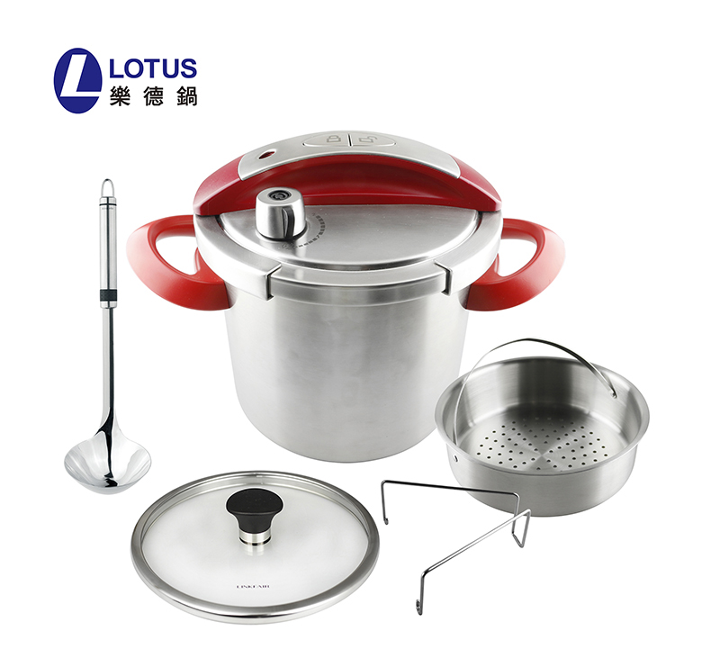 LOTUS樂德新完美壓力鍋7L-紅色+玻璃鍋蓋+有洞蒸盤+Brabantia不鏽鋼湯杓(88-22014+22002+22019+36-21008 拷貝