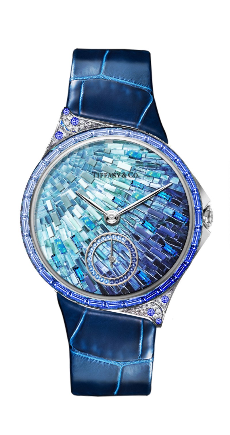 Vivid Dreams 高級珠寶腕錶系列 - Tiffany Metro 34mm 馬賽克設計18K白金鑲嵌藍寶石、鑽石與彩色寶石高級珠寶腕錶 NT$4,130,000